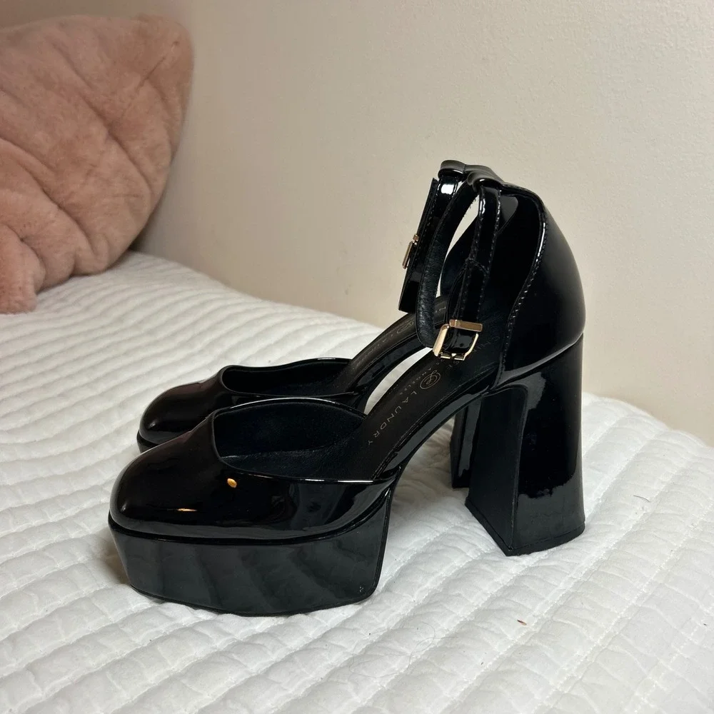 Chinese Laundry Black Patent Platform Pumps Square Toe Block Heel Womens 7